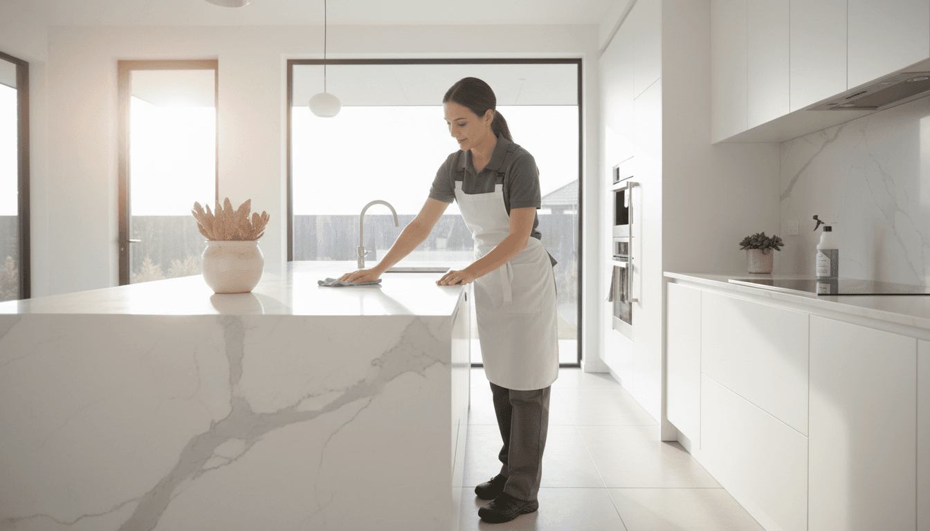 Professional cleaner wiping a kitchen counter in a bright, modern home