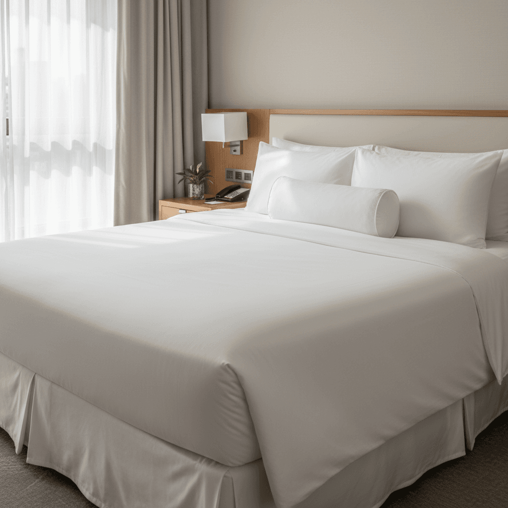 Hotel-style bed with crisp white linens in a bright, tidy room