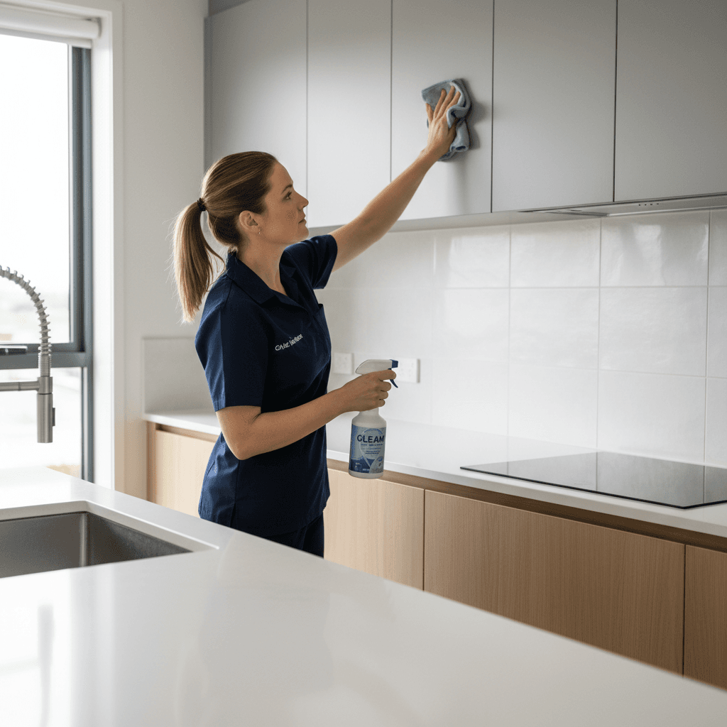 Professional cleaner wiping down kitchen counters and cabinets
