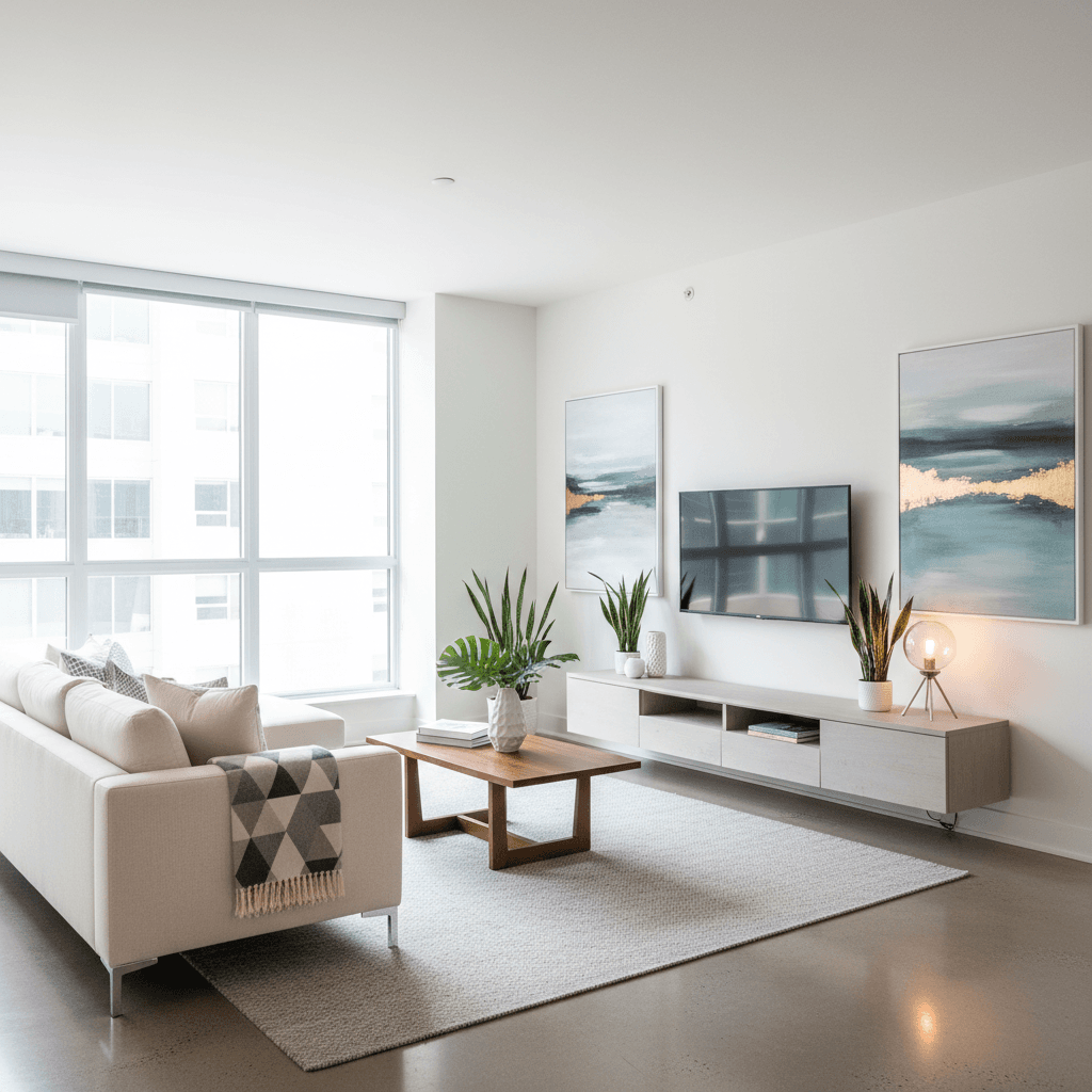 Bright, neat living room in a vacation rental after a professional cleaning