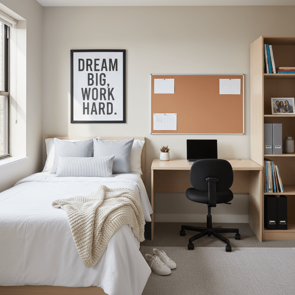 Clean college dorm room with a made bed and an empty desk