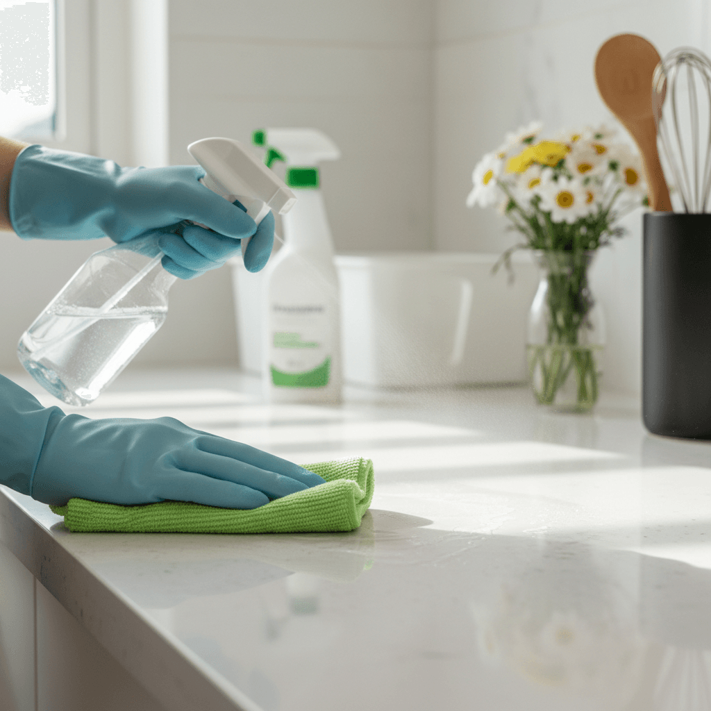Professional cleaner wiping a kitchen countertop in a bright modern home