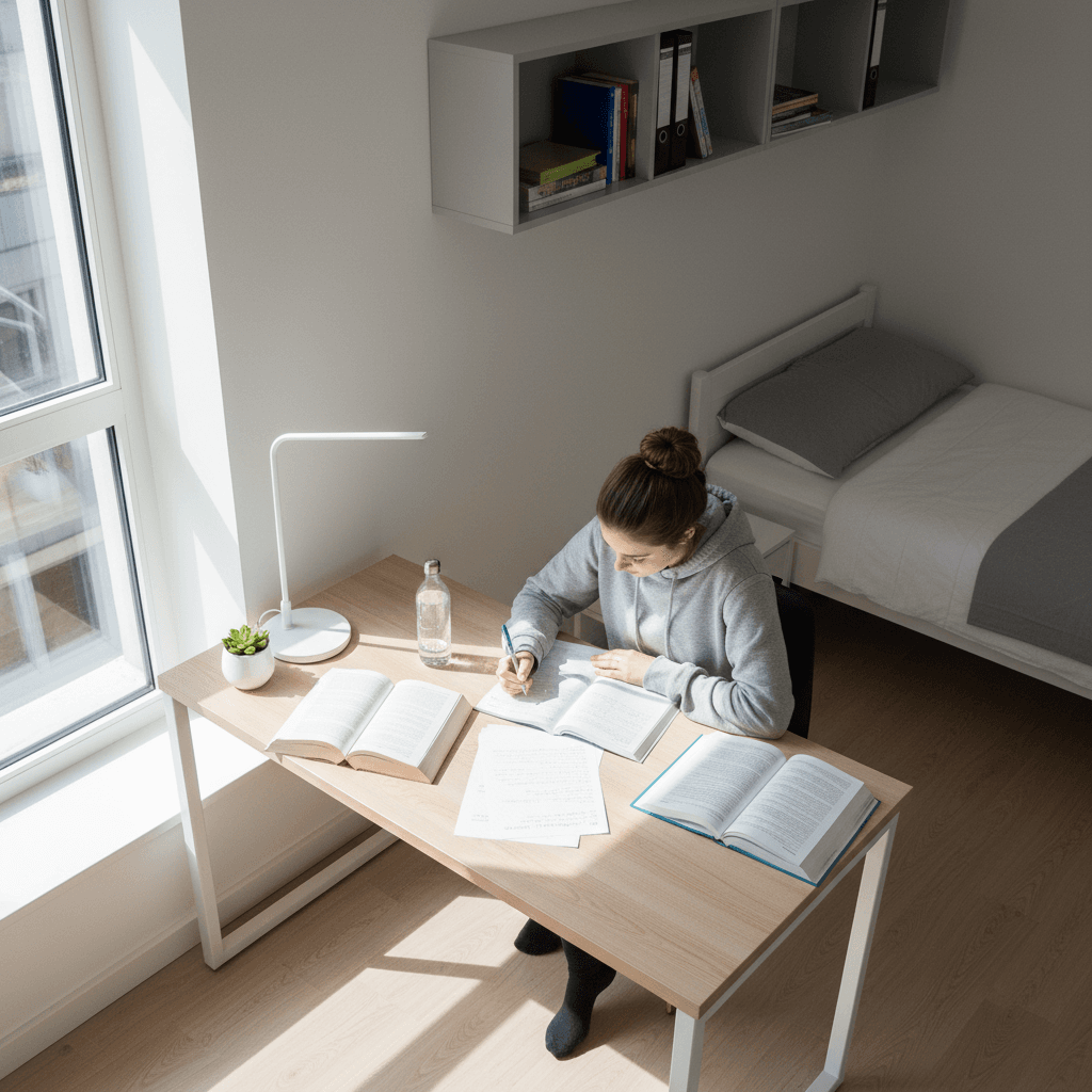 Clean empty college dorm room with a bed and desk in bright light