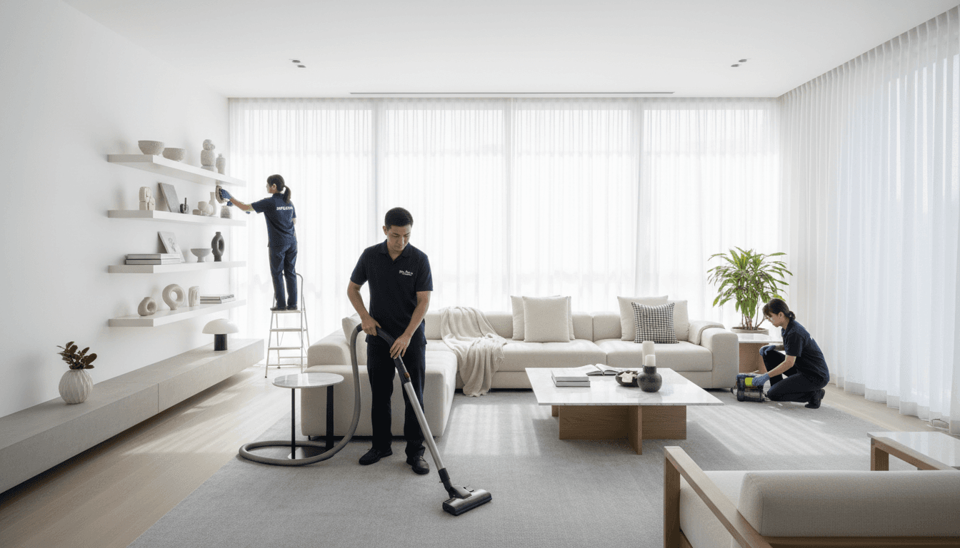 Professional cleaner in bright modern living room preparing a fresh space
