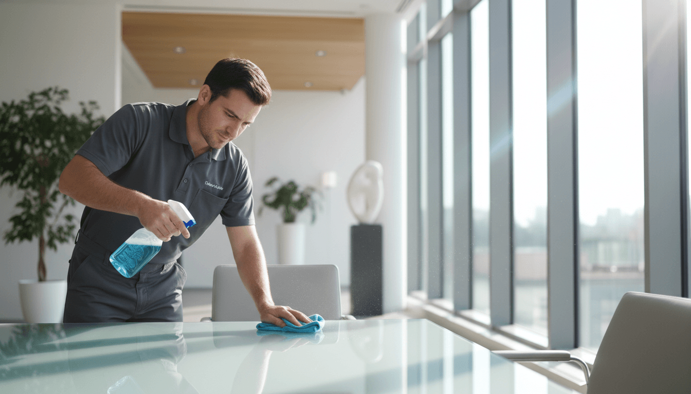 Professional cleaner wiping a kitchen counter in a bright modern home