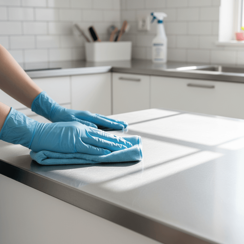 Close-up of a hand wiping a kitchen counter with a cloth