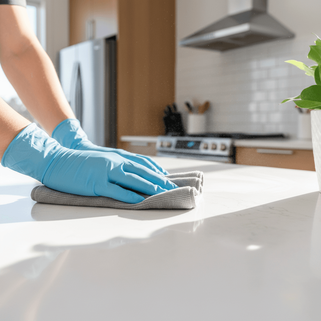 Professional cleaner wiping a kitchen counter in a bright modern home