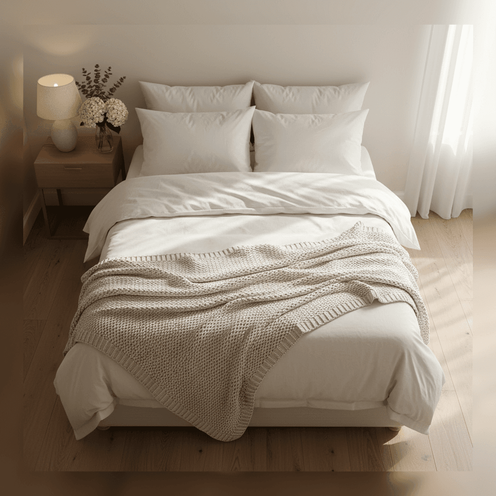 Neatly made bed with fresh white linens in a cozy vacation rental bedroom