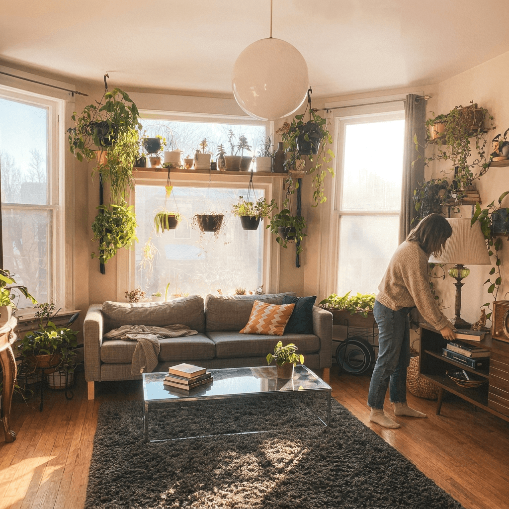 Neatly arranged living room with dusted surfaces and straight furniture