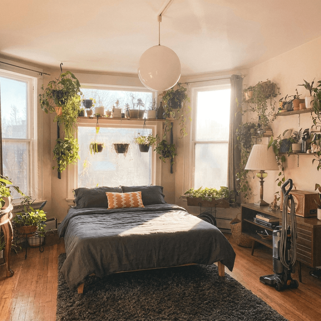 Bright apartment with a neatly made bed and tidy nightstand