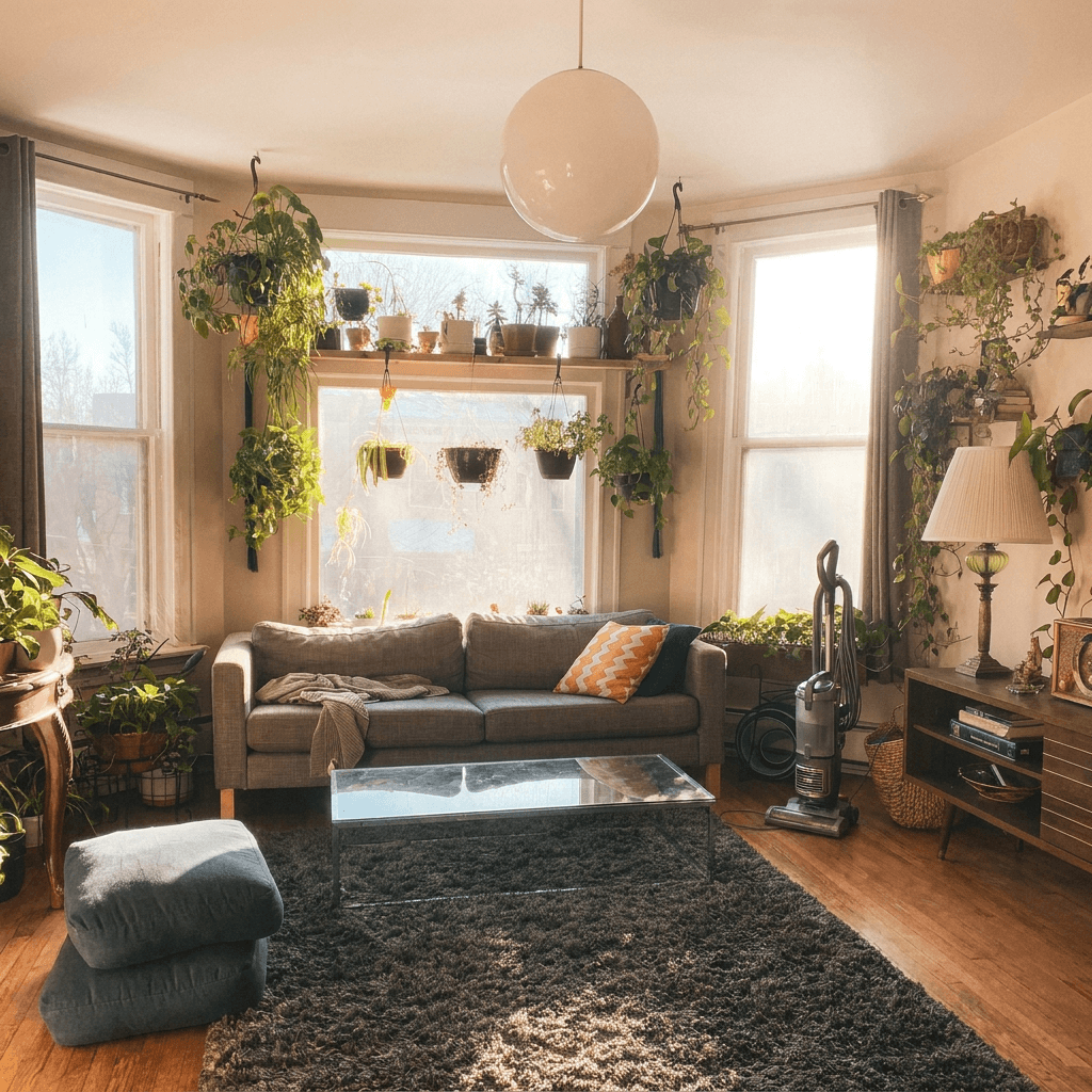 Clean, bright living room with vacuumed carpet and dusted surfaces