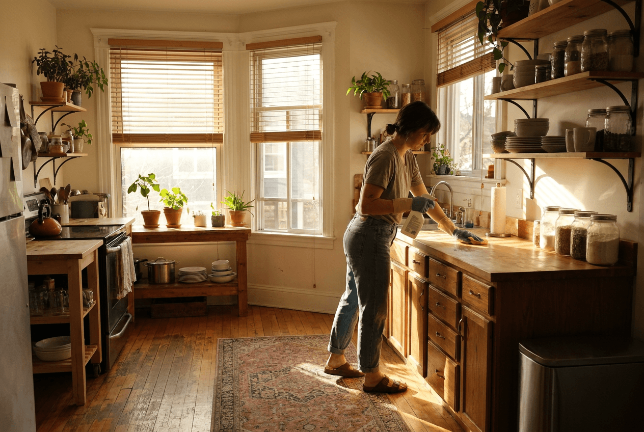 Professional cleaner wiping a kitchen counter in a bright modern apartment