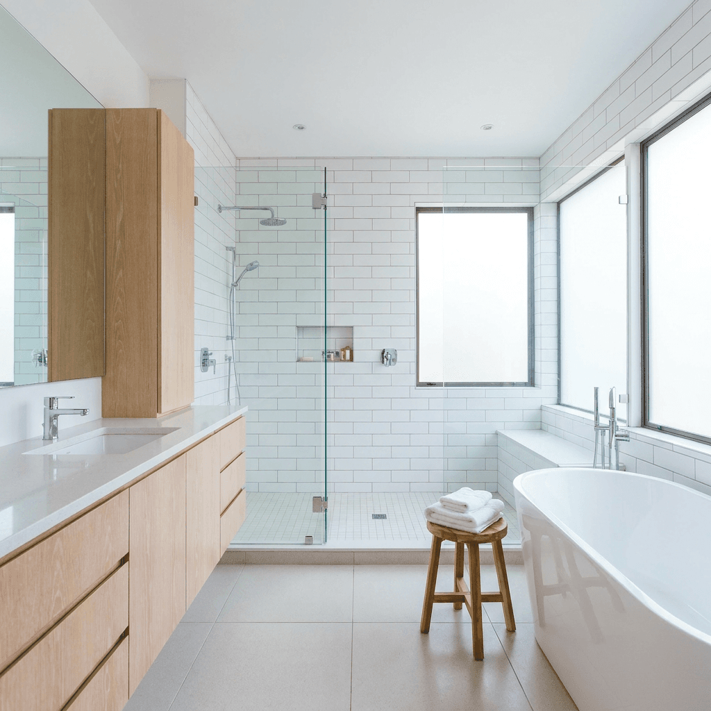 Clean modern bathroom with white towels and a shiny sink