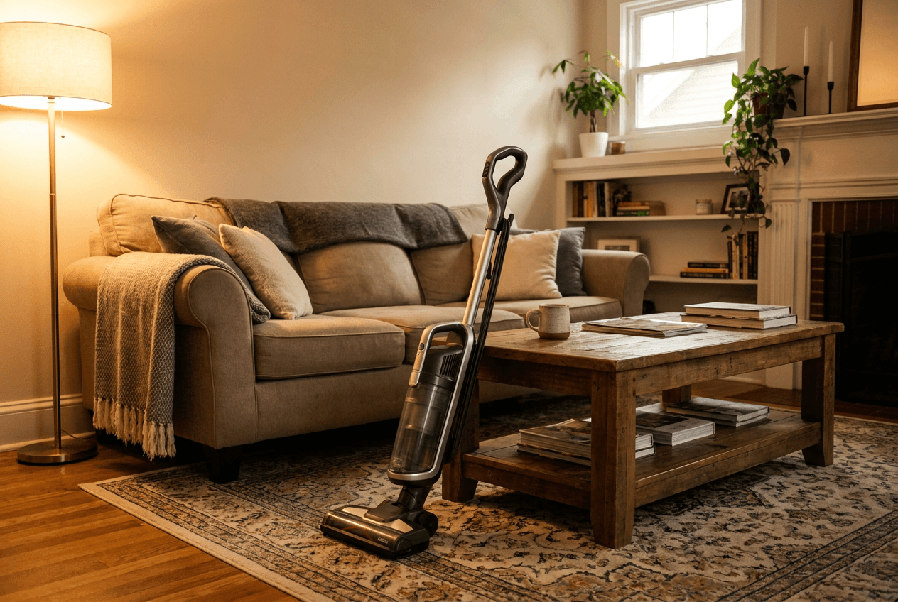 Cleaner vacuuming a living room carpet in a bright home